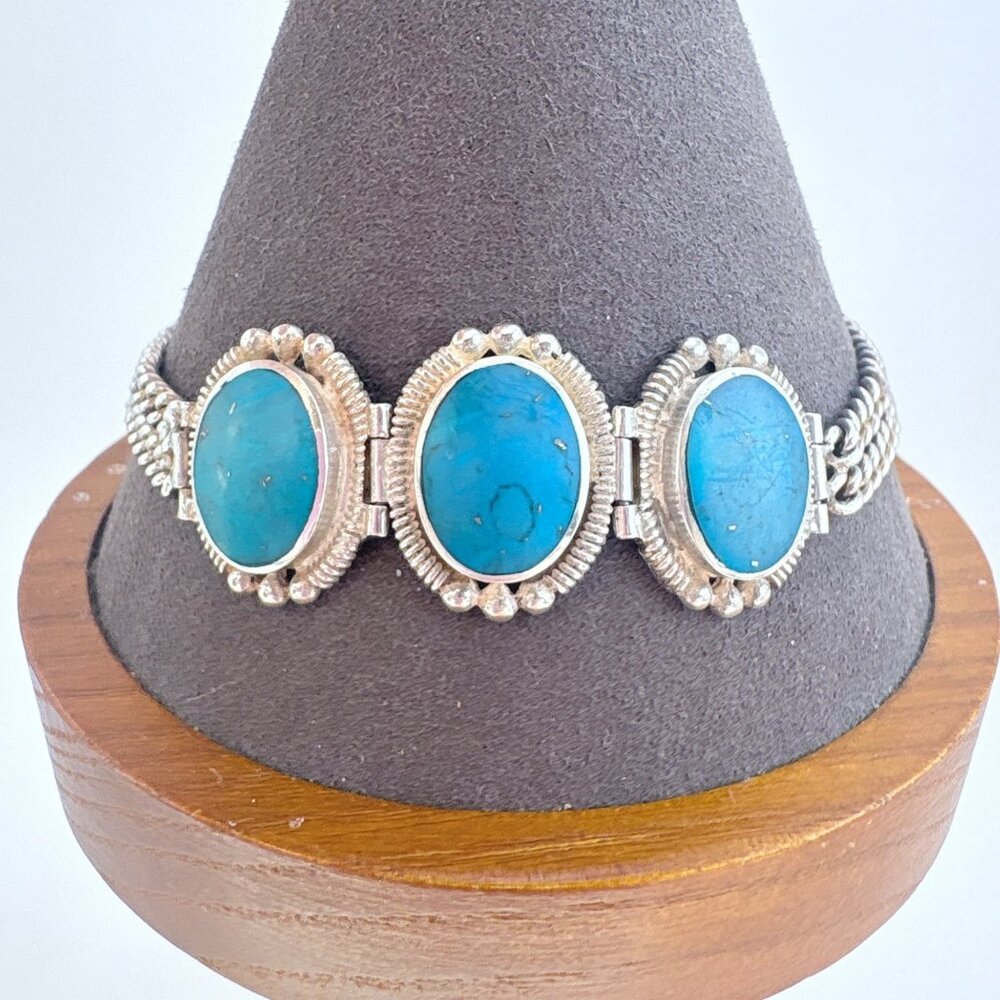 Turquoise Double Curb Link Chain Bracelet VTG 925 Sterling Silver 8.5" Length